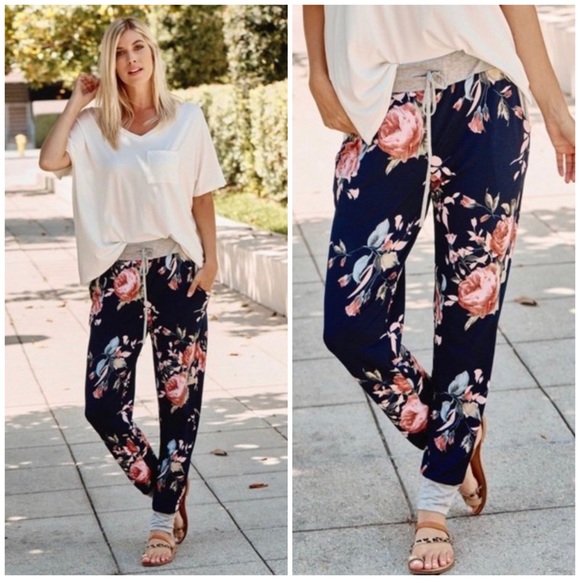 Pants - Navy Floral Jogger Sweatpants Lounge Casual Pants